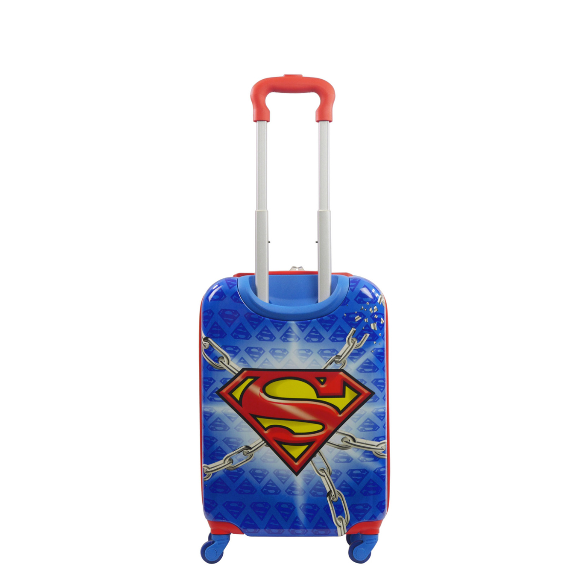 WB Superman kids 20.5-inch Hardside spinner carry-on blue rolling luggage back view chains