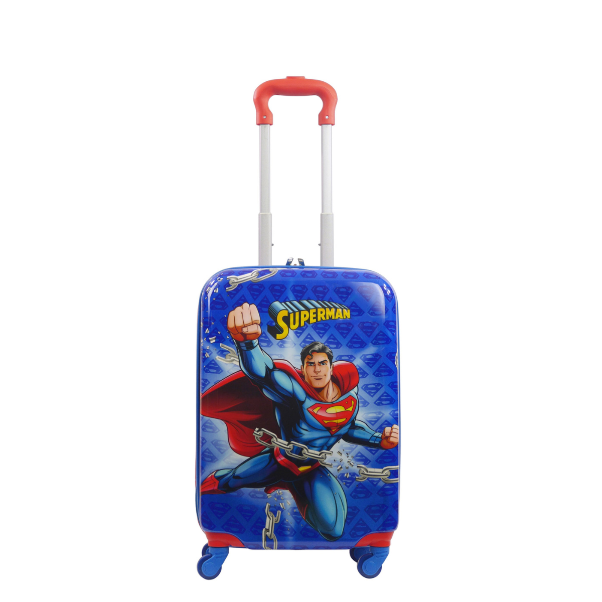 WB Superman with chains design kids 20.5-inch Hardside spinner carry-on blue rolling luggage front view