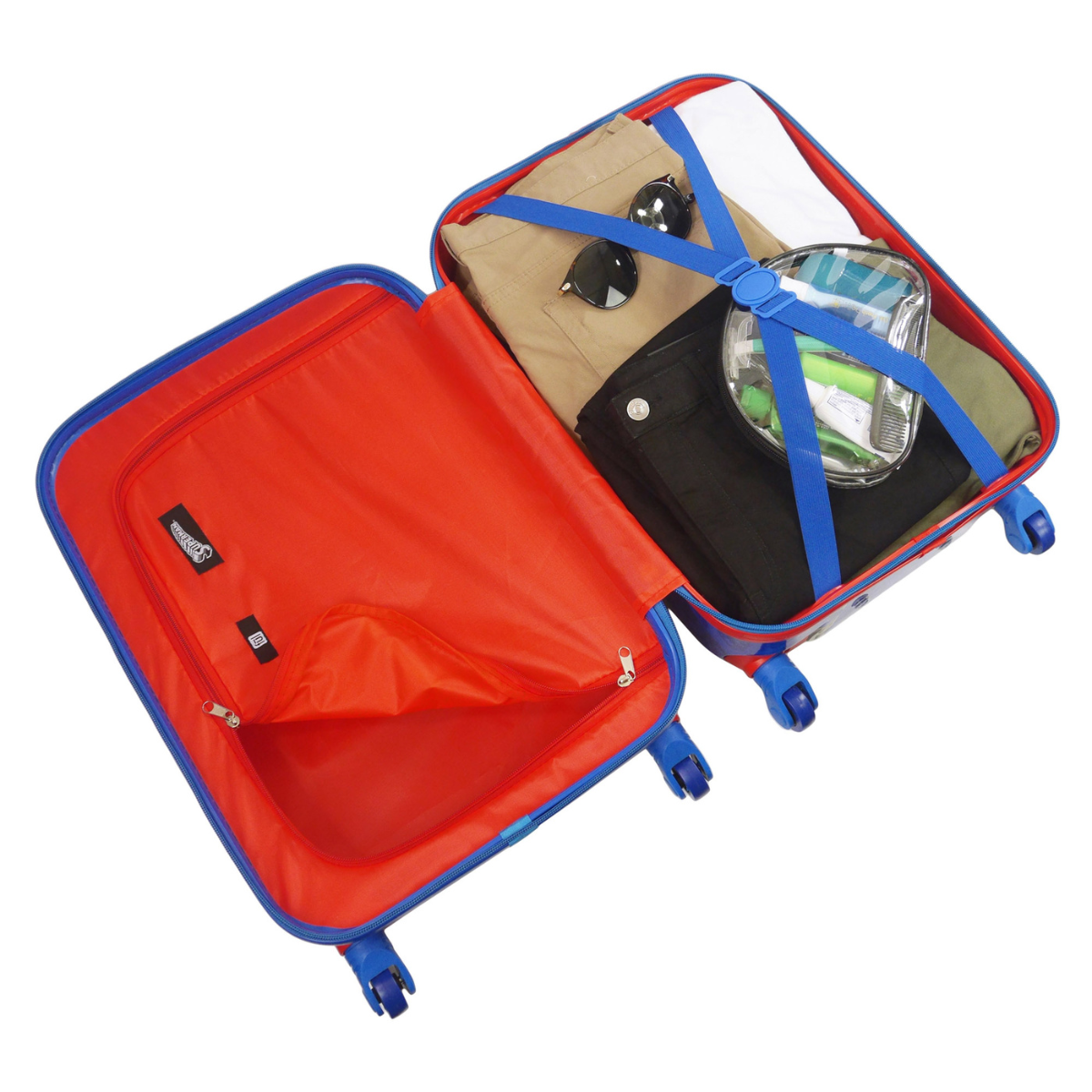 WB Superman kids 20.5-inch Hardside spinner carry-on blue rolling luggage inside capacity
