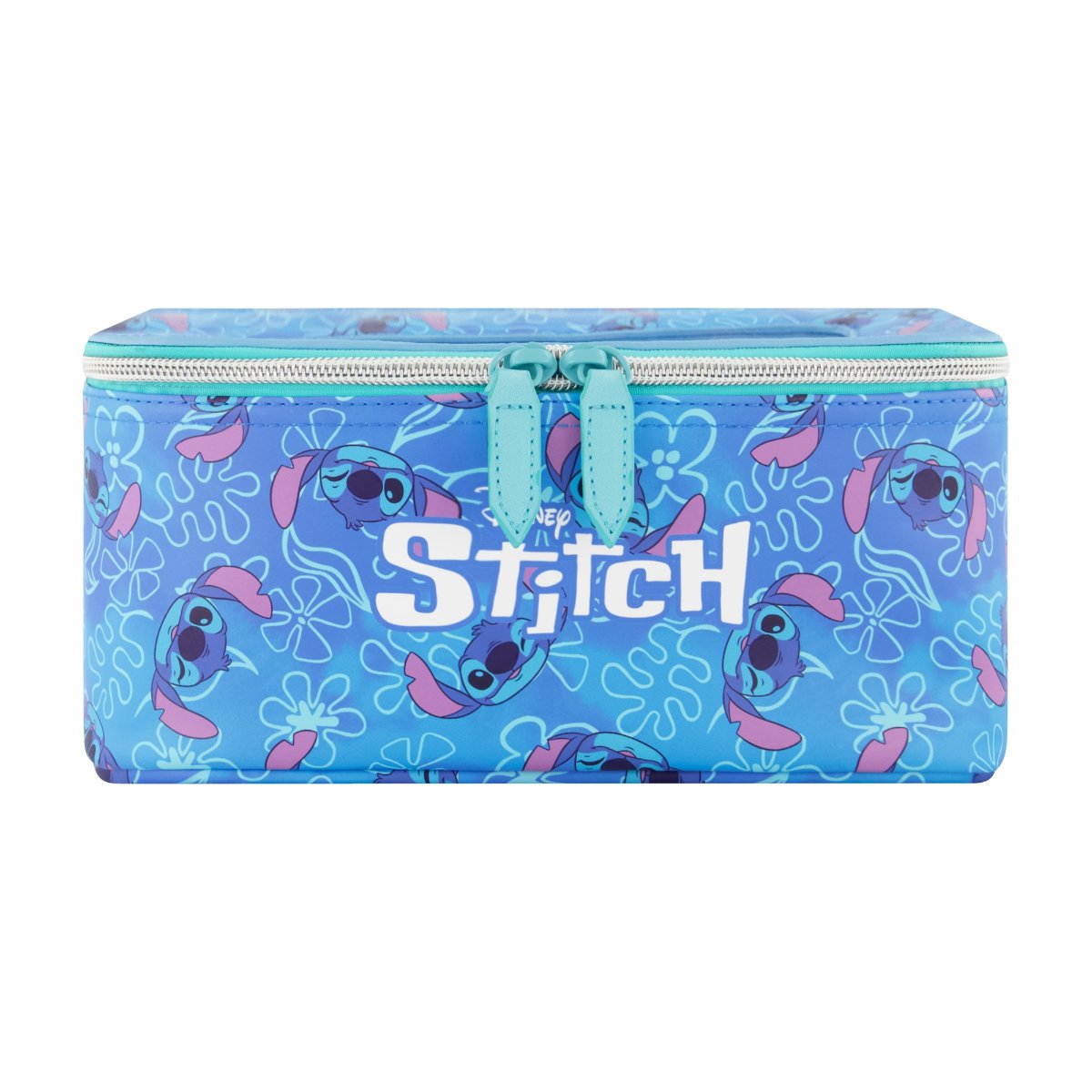Blue Disney 2-Piece Travel Cosmetic Case Set, featuring the Stitch includes a large cosmetic case and a smaller pouch, both adorned with a playful all-over Stitch print. Both pieces are perfect for keeping your beauty essentials, toiletries, and accessories organized on the go.