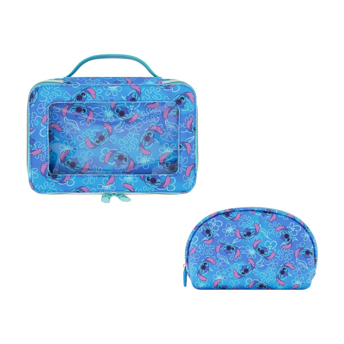 Blue Disney 2-Piece Travel Cosmetic Case Set, featuring the Stitch includes a large cosmetic case and a smaller pouch, both adorned with a playful all-over Stitch print. Both pieces are perfect for keeping your beauty essentials, toiletries, and accessories organized on the go.