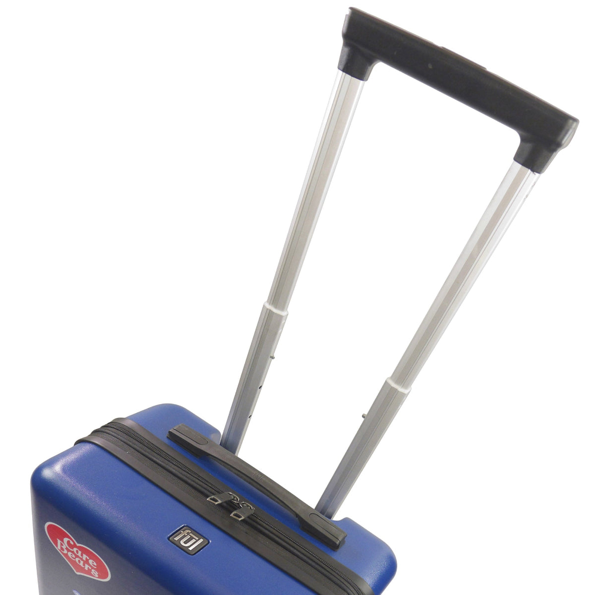 Care Bears 22.5" blue carry-on luggage spinner suitcase, showcasing the beloved Cheer Bear, Funshine Bear, and Grumpy Bear sitting atop floating clouds.