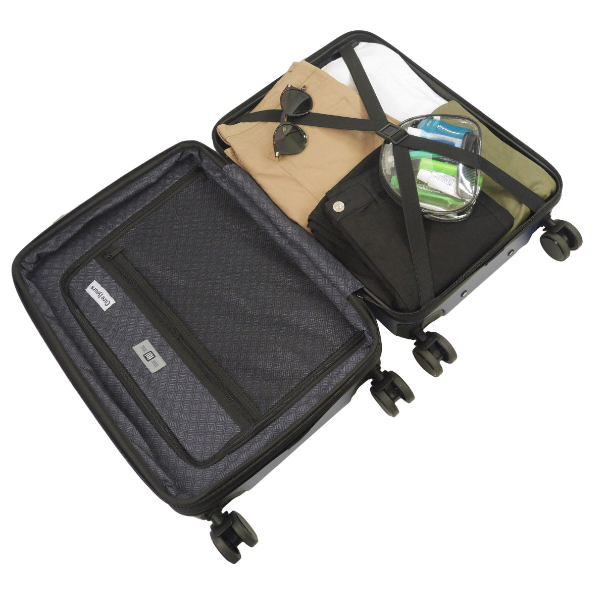 Care Bears 22.5" blue carry-on luggage spinner suitcase, showcasing the beloved Cheer Bear, Funshine Bear, and Grumpy Bear sitting atop floating clouds.