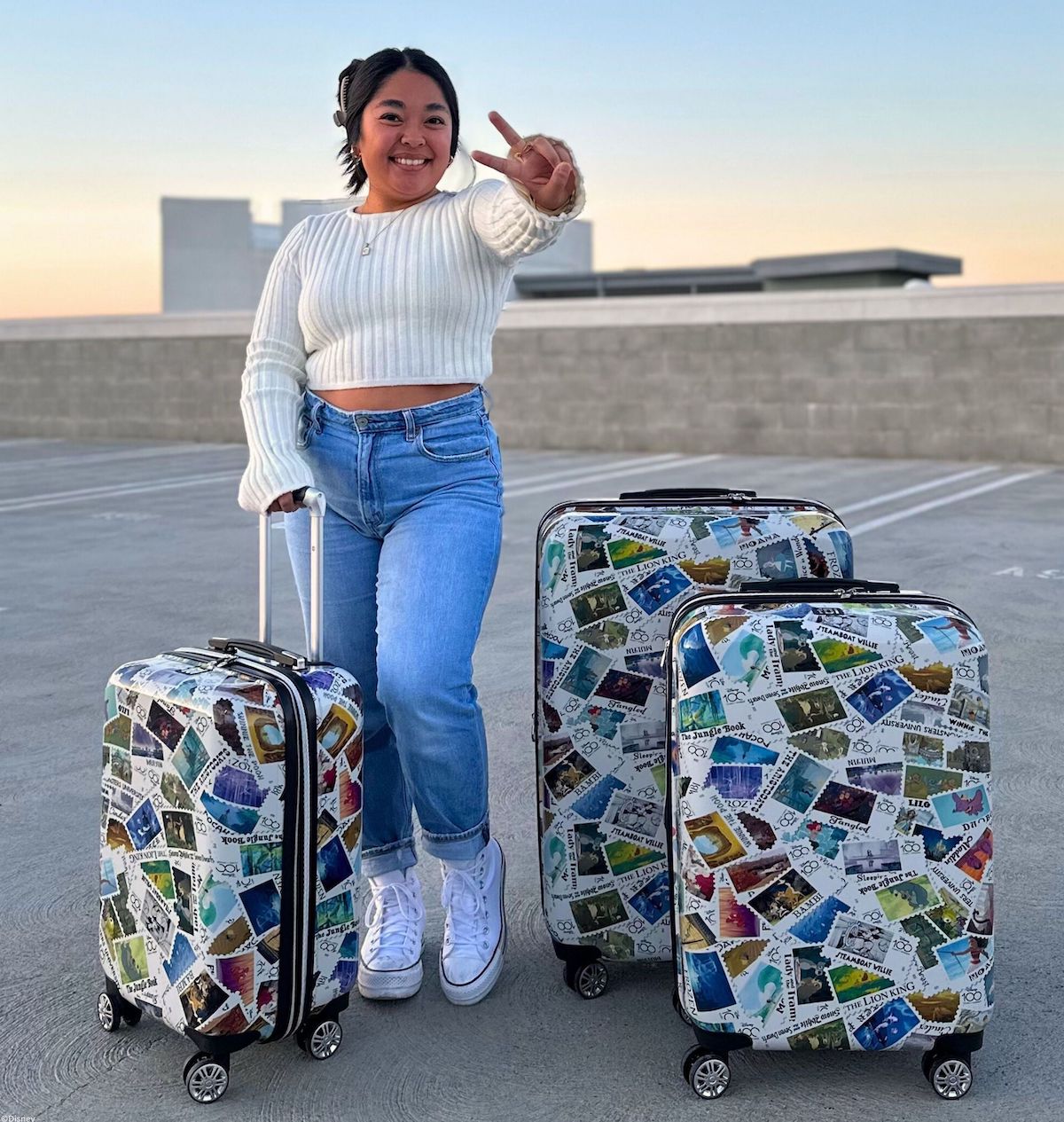 Ful Disney Stamps limited edition hard-sided 3 piece spinner suitcases rolling luggage set