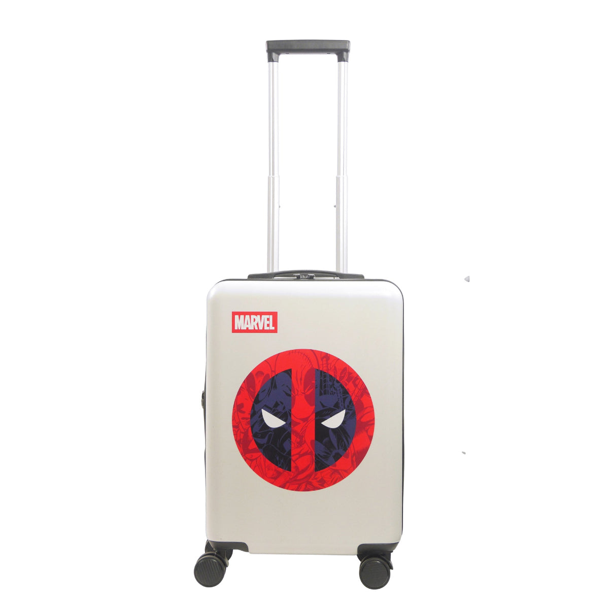 Officially licensed Marvel Deadpool 22.5" white carry-on luggage spinner suitcase featuring Deadpool's signature red & black color to his unmistakable logo.