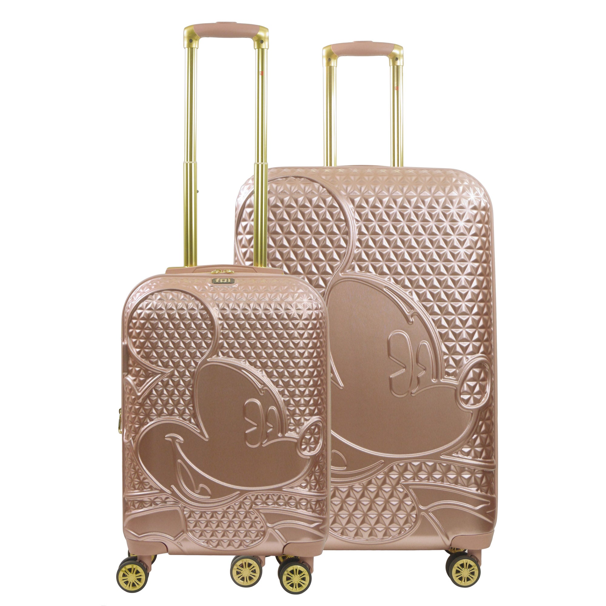 Rose gold Disney Mickey Mouse hard-sided 3 piece rolling luggage set compartment 8 spinner wheels zip