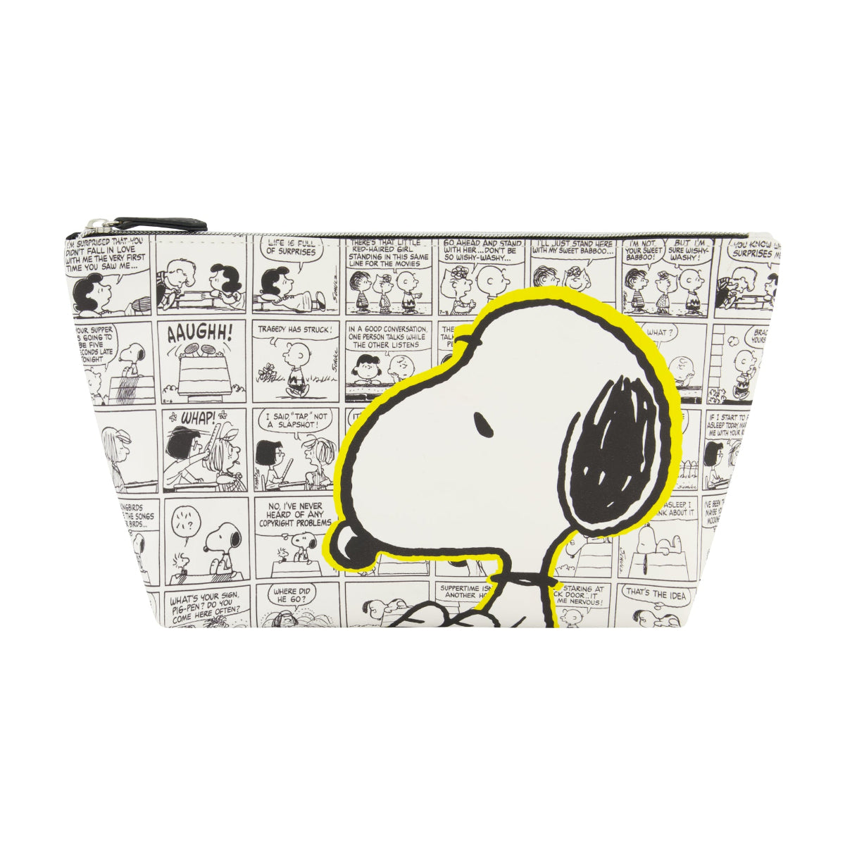 Snoopy Comic Strip Cosmetic Bag designed with an all-over comic print and a bold Snoopy graphic