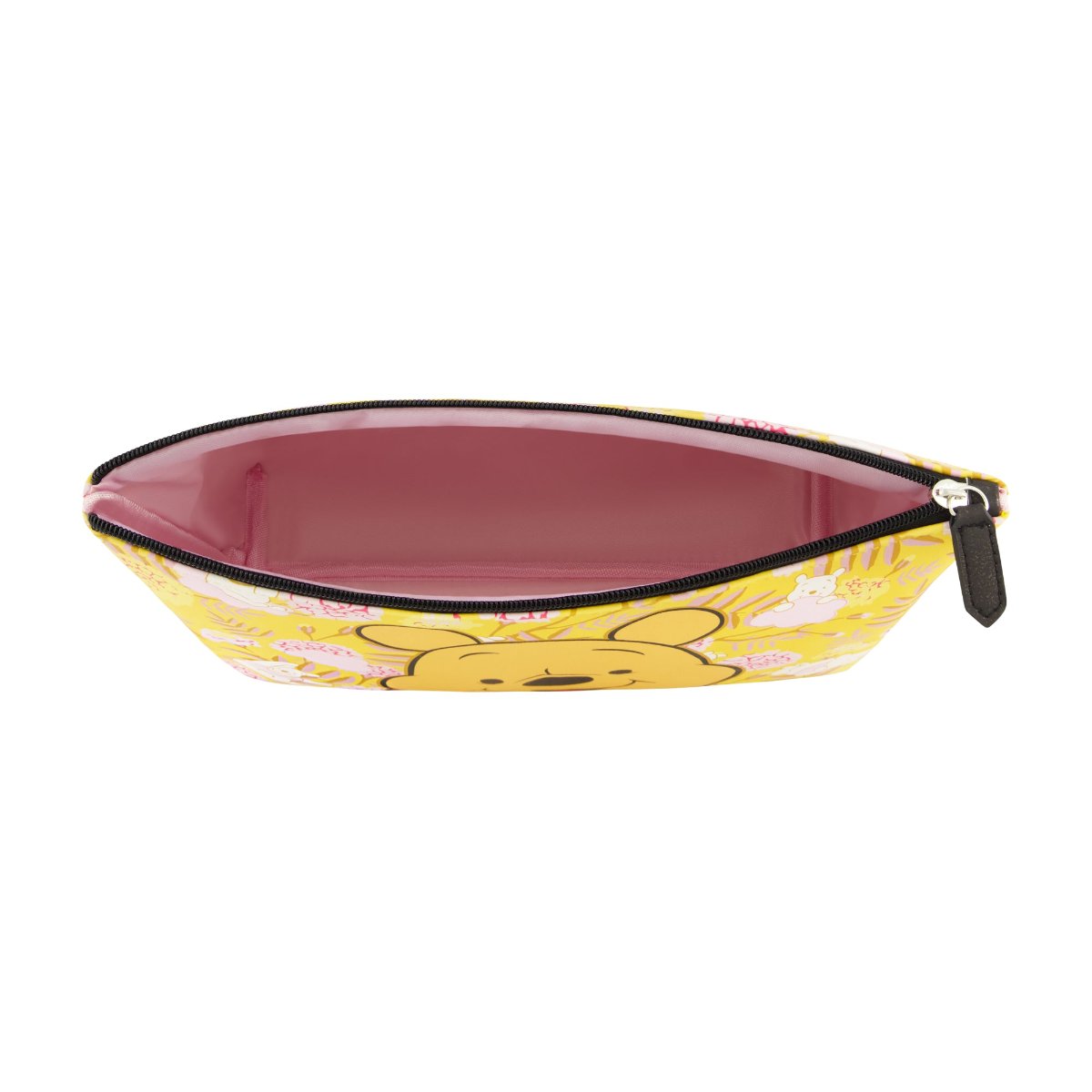 Winnie the Pooh face on vibrant yellow background with mini icons spacious interior trapezoid cosmetic bag inside capacity