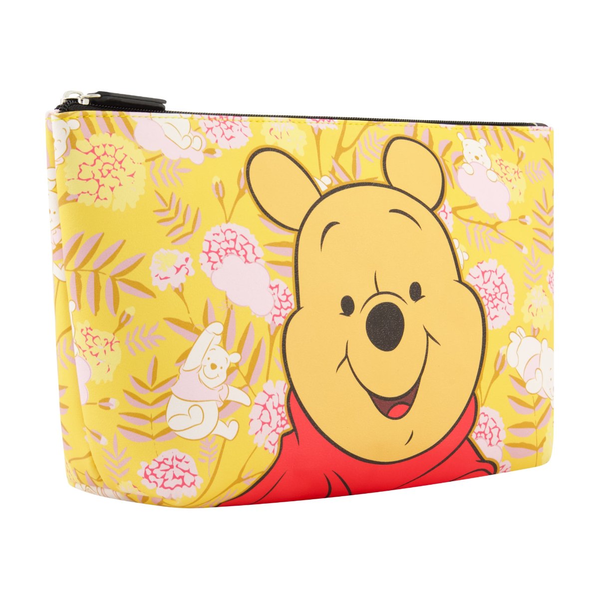 Winnie the Pooh face on vibrant yellow background with mini icons spacious interior trapezoid cosmetic bag left angle