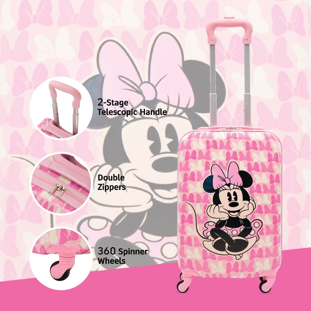 Disney Ful Minnie Mouse Bows Print Hardside Spinner Luggage - Pink 20.5" Kids Carry On Suitcases