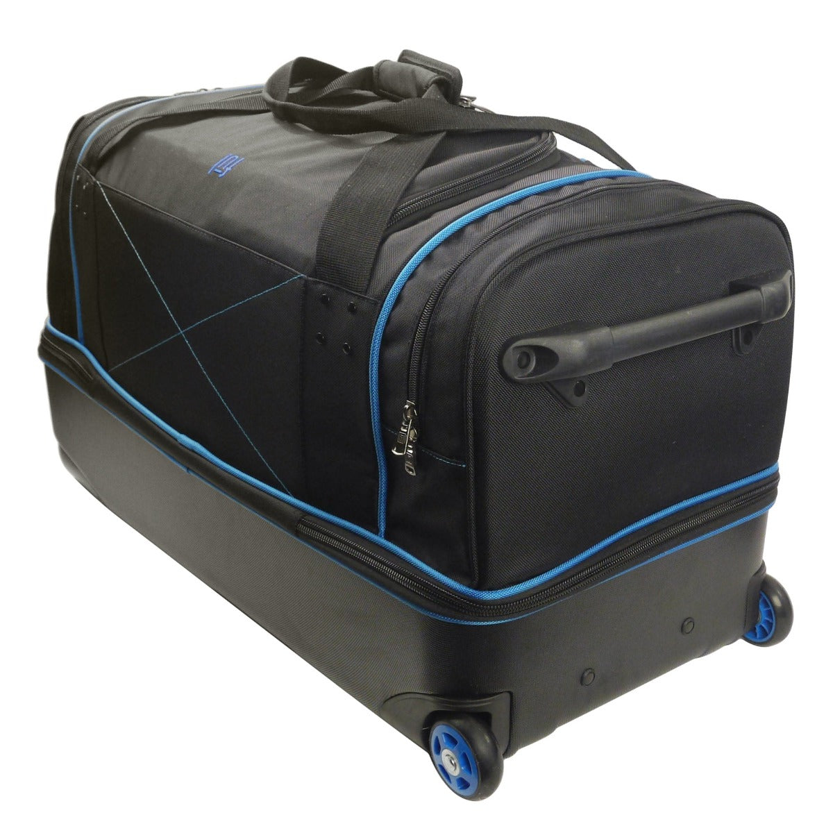 Black Ful Workhorse 30" Extra Large Split Level Wheeled Carry-on Rolling Duffle Bag Black with Blue Details